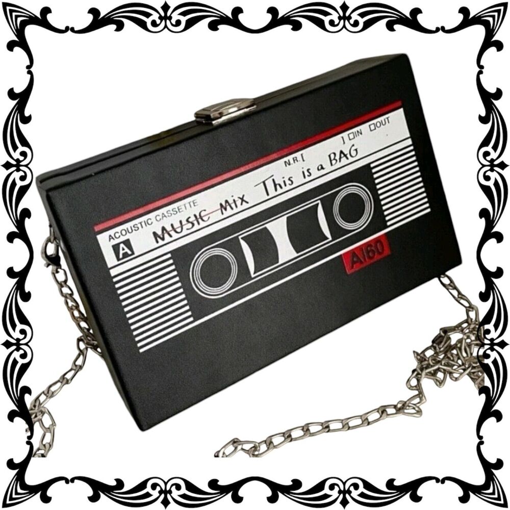 Women's 80'S Cassette Music Tape Purse Black Red Box Bag Silver Chain Crossbody